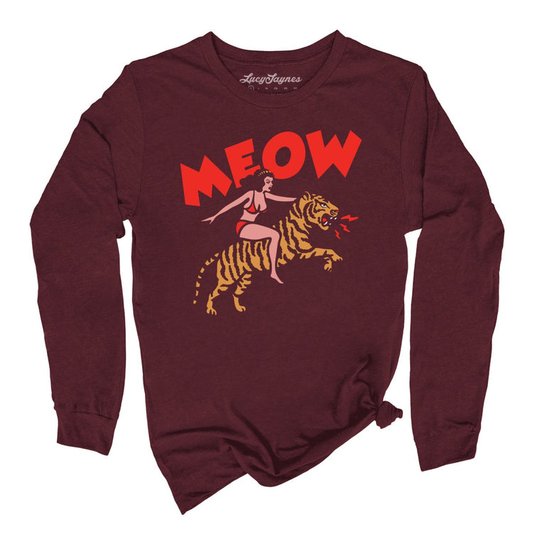 Meow Tiger Graphic Long Sleeve Tee - Maroon
