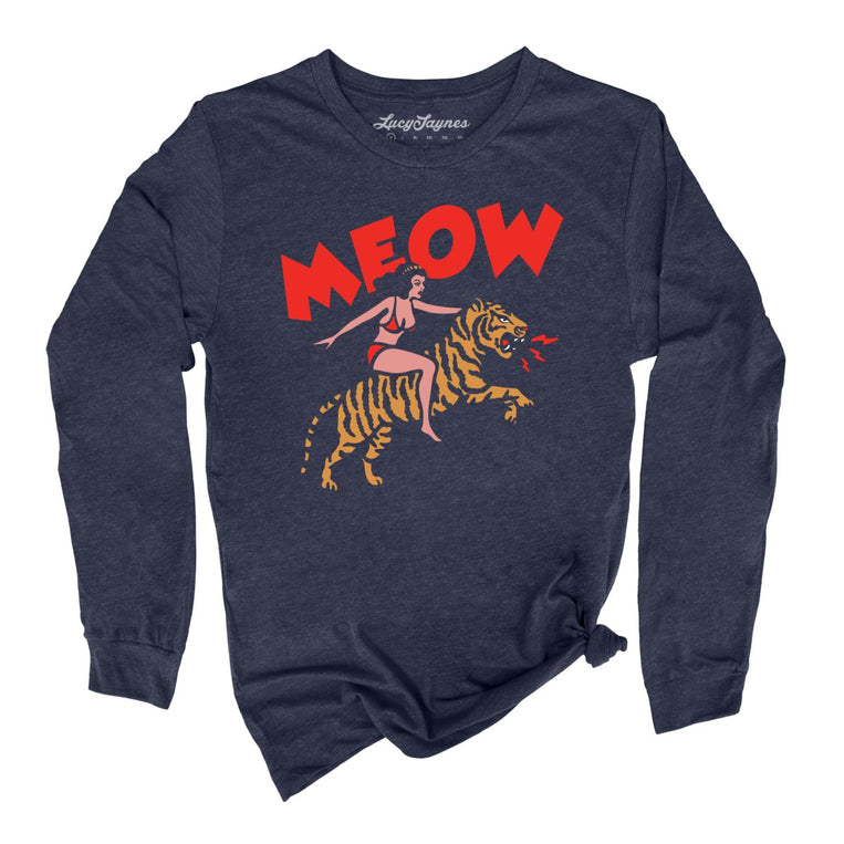 Meow Tiger Graphic Long Sleeve Tee - Heather Navy