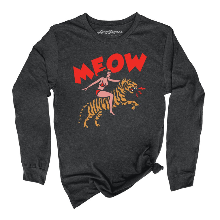 Meow Tiger Graphic Long Sleeve Tee - Dark Grey Heather