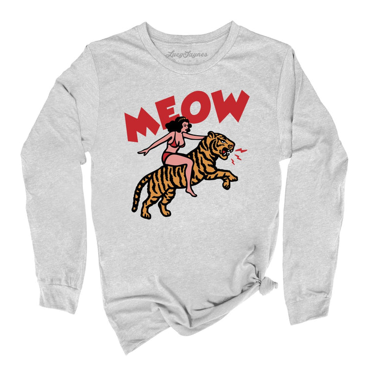 Meow Tiger Graphic Long Sleeve Tee - Athletic Heather