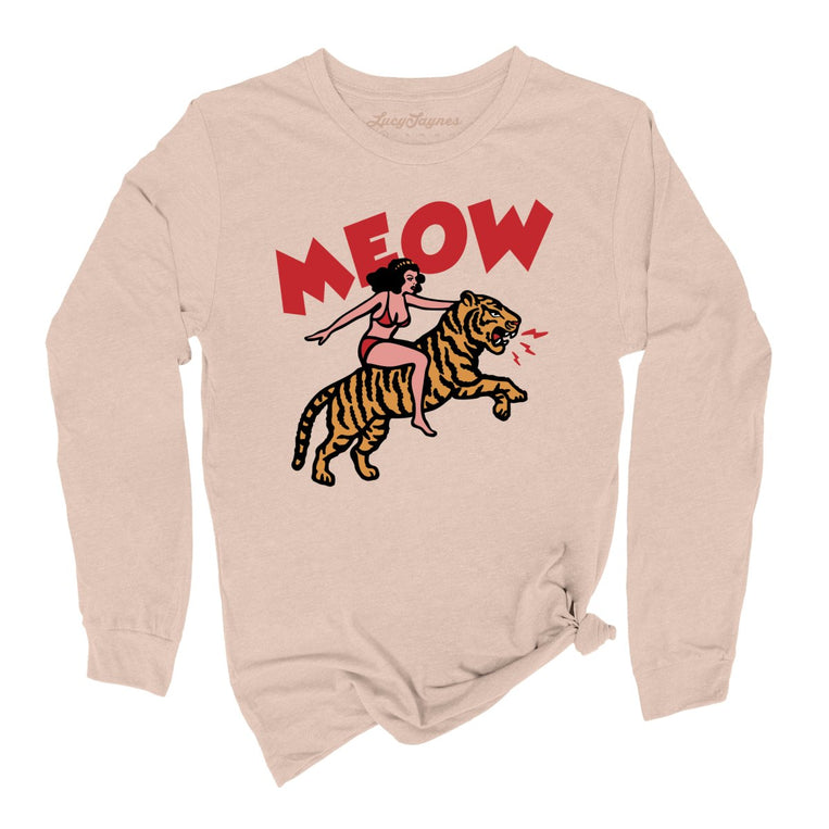 Meow Tiger Graphic Long Sleeve Tee - Sand Dune