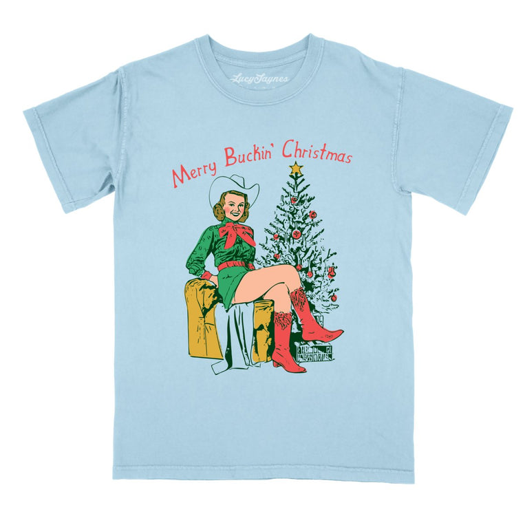 Merry Buckin' Christmas Comfort Colors Graphic Tee - Chambray
