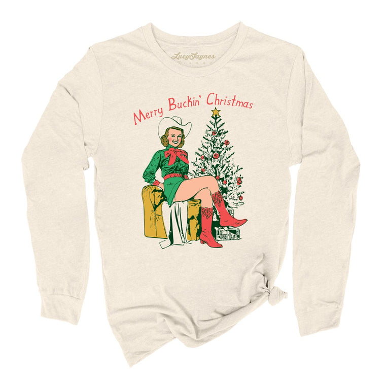 Merry Buckin' Christmas Graphic Long Sleeve Tee - Natural