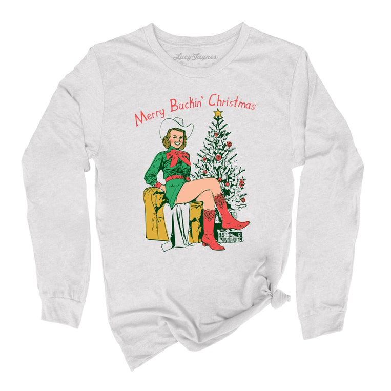 Merry Buckin' Christmas Graphic Long Sleeve Tee - Ash