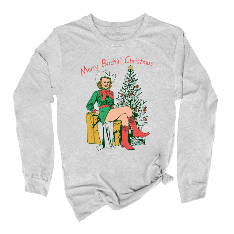 Merry Buckin' Christmas Graphic Long Sleeve Tee - Athletic Heather