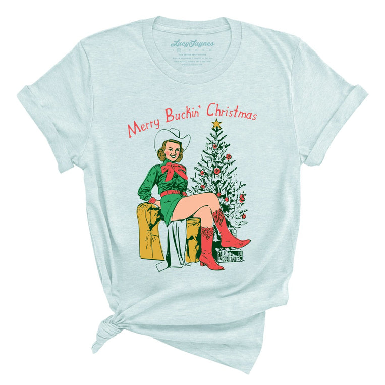 Merry Buckin' Christmas Graphic Tee - Heather Ice Blue