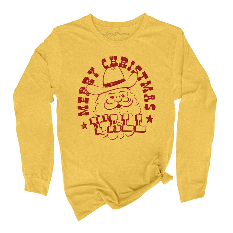 Merry Christmas Y'all Graphic Long Sleeve Tee - Heather Yellow Gold