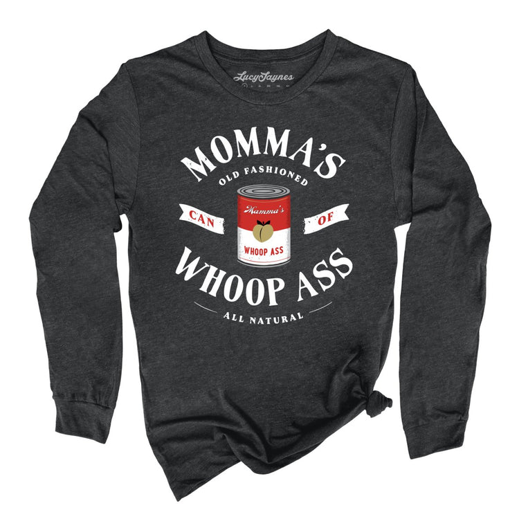 Momma's Can Of Whoop Ass Graphic Long Sleeve Tee - Dark Grey Heather