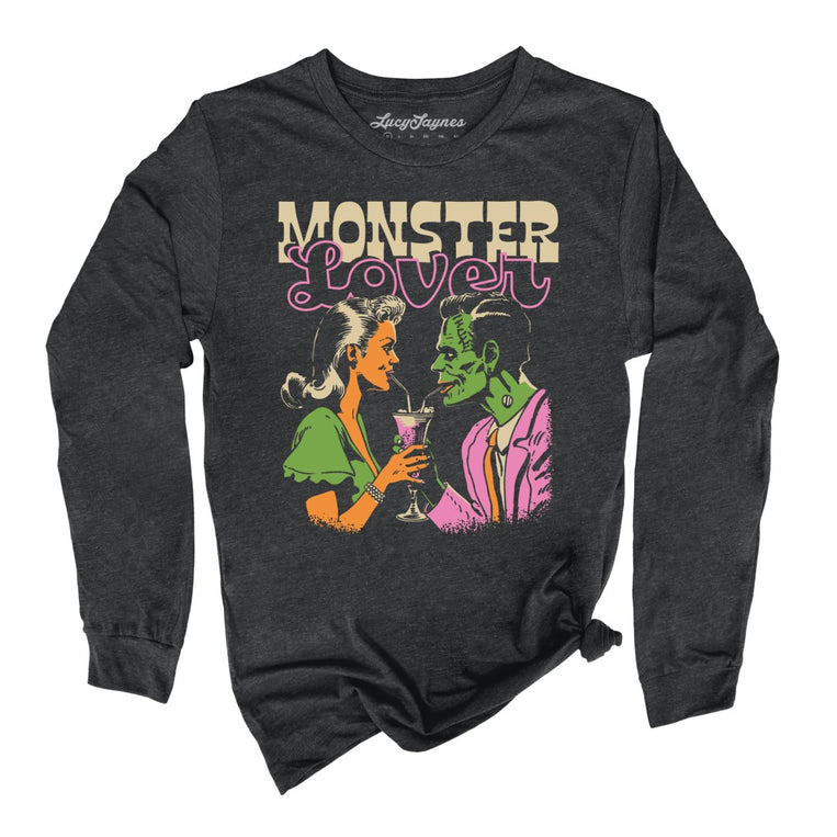 Monster Lover Graphic Long Sleeve Tee - Dark Grey Heather