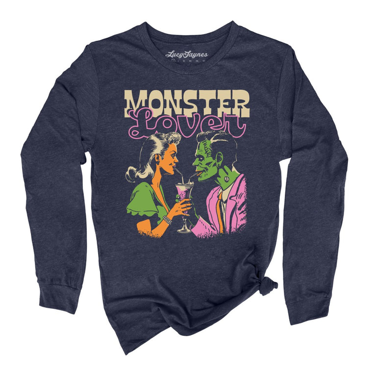 Monster Lover Graphic Long Sleeve Tee - Heather Navy