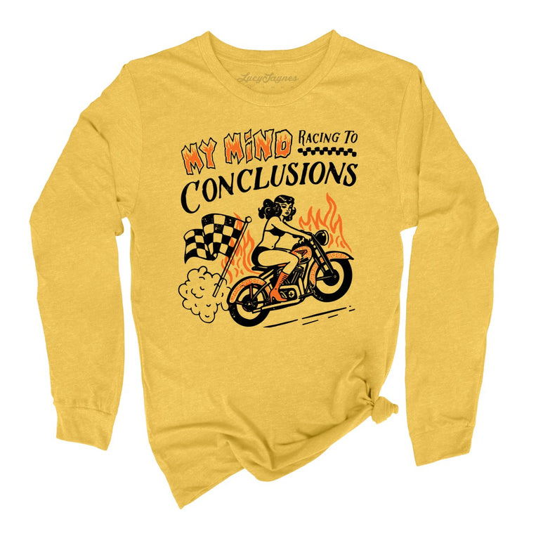 My Mind Racing To Conclusions Graphic Long Sleeve Tee - Heather Yellow Gold