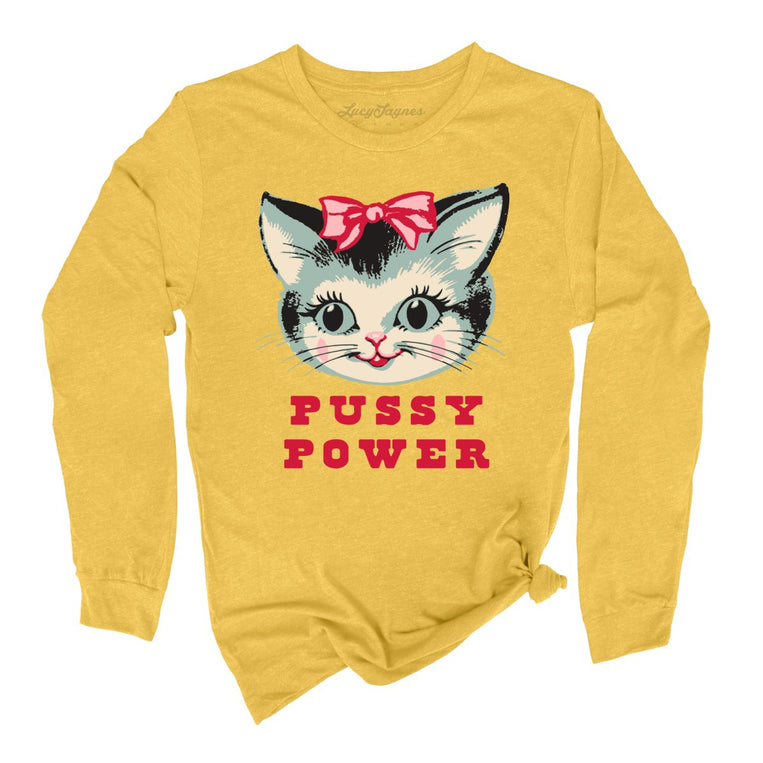 Pussy Power Graphic Long Sleeve Tee - Heather Yellow Gold