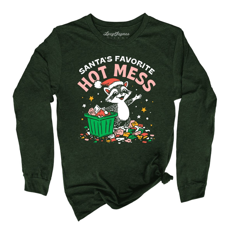 Santa's Favorite Hot Mess Graphic Long Sleeve Tee - Heather Forest