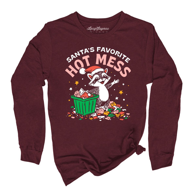 Santa's Favorite Hot Mess Graphic Long Sleeve Tee - Maroon