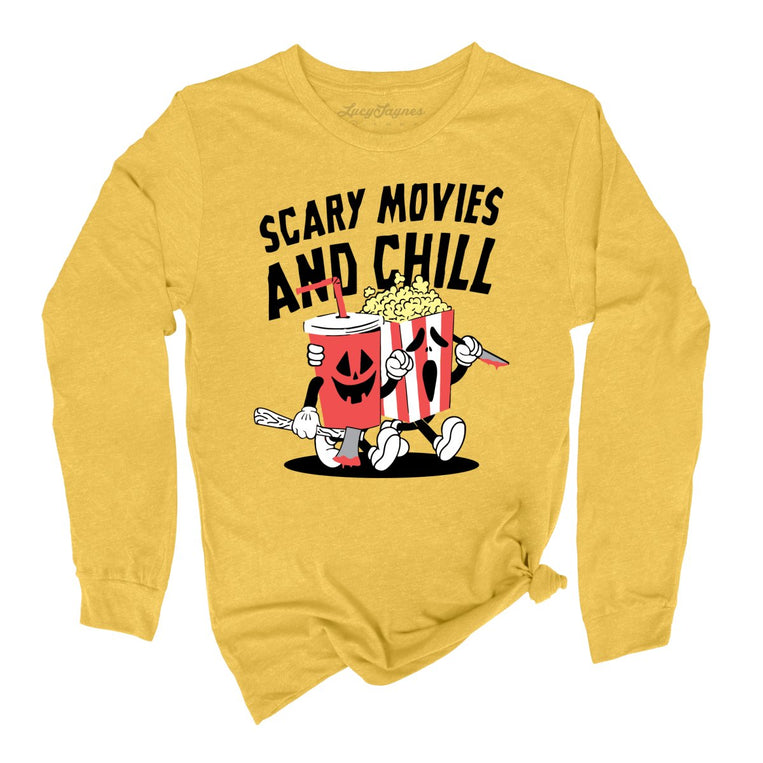 Scary Movies and Chill Graphic Long Sleeve Tee - Heather Yellow Gold