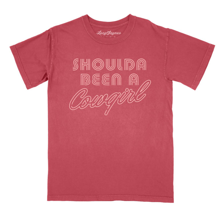 Should of Been a Cowgirl Retro Neon Comfort Colors Graphic Tee - Crimson