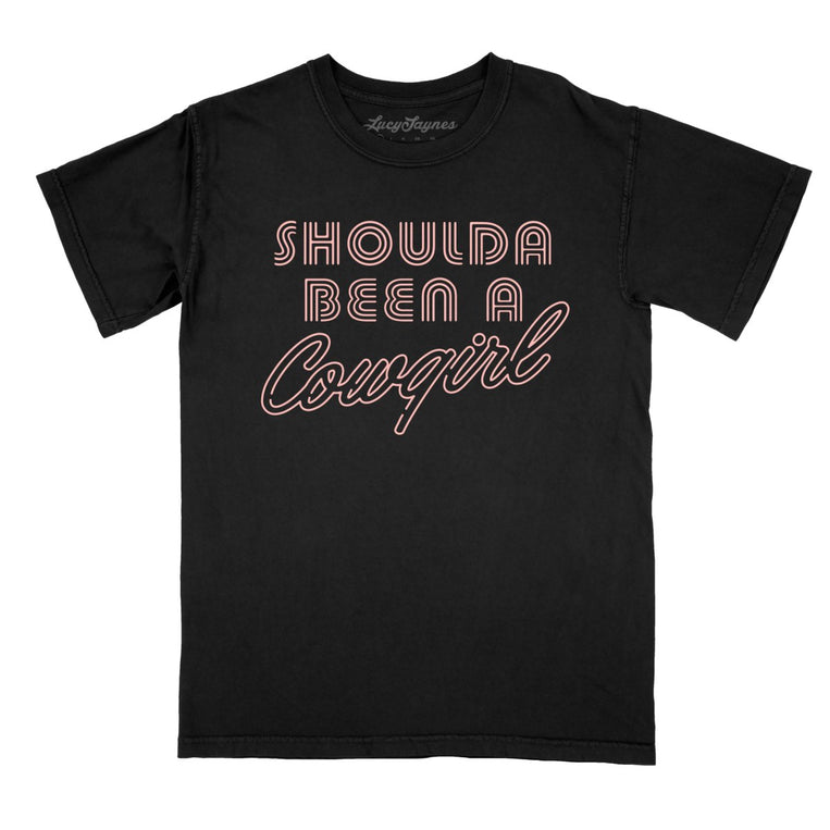 Should of Been a Cowgirl Retro Neon Comfort Colors Graphic Tee - Black