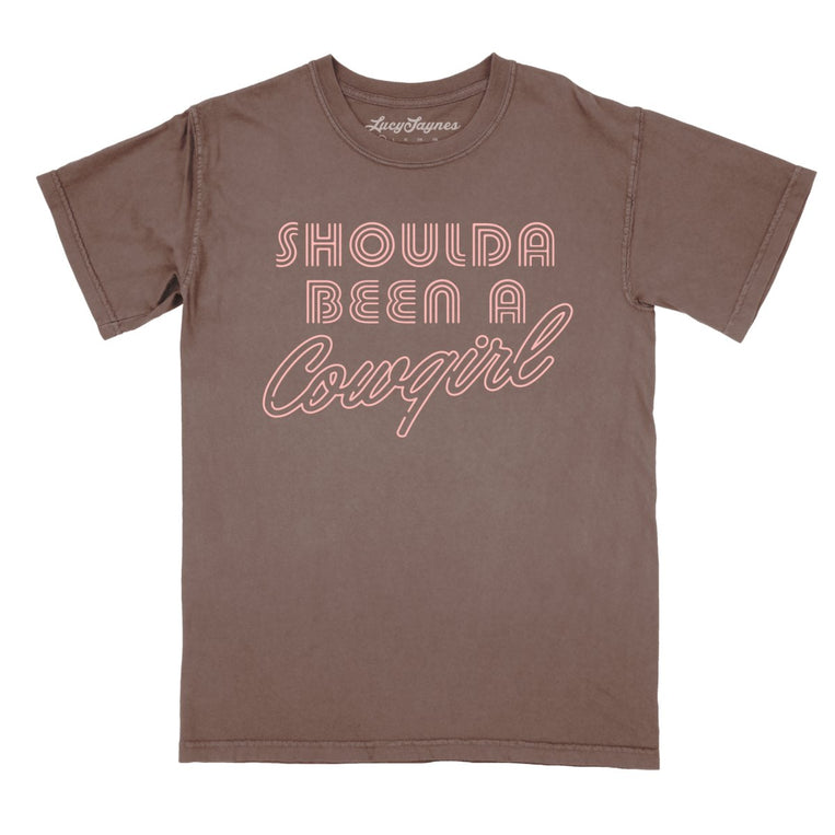 Should of Been a Cowgirl Retro Neon Comfort Colors Graphic Tee - Espresso