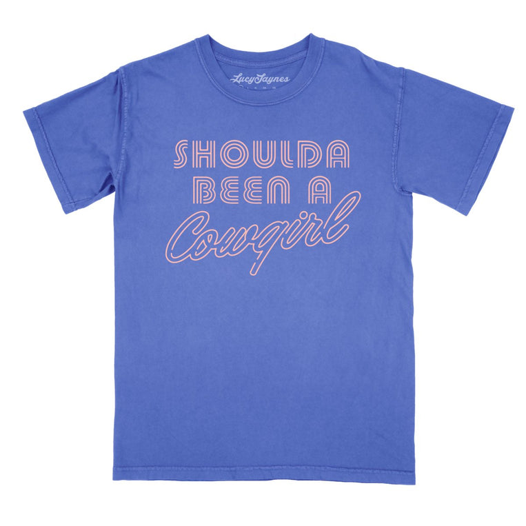 Should of Been a Cowgirl Retro Neon Comfort Colors Graphic Tee - Flo Blue