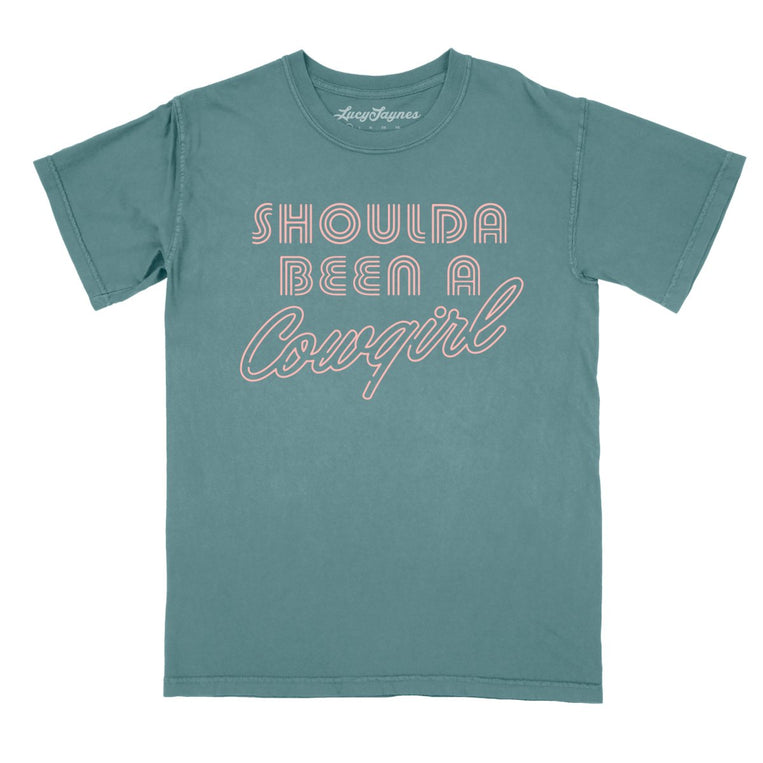 Should of Been a Cowgirl Retro Neon Comfort Colors Graphic Tee - Blue Spruce