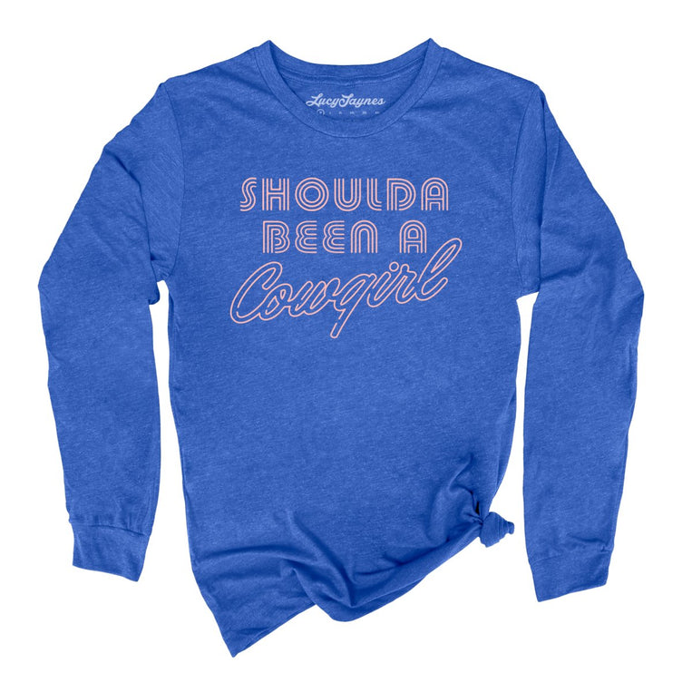 Should of Been a Cowgirl Retro Neon Graphic Long Sleeve Tee - Heather True Royal