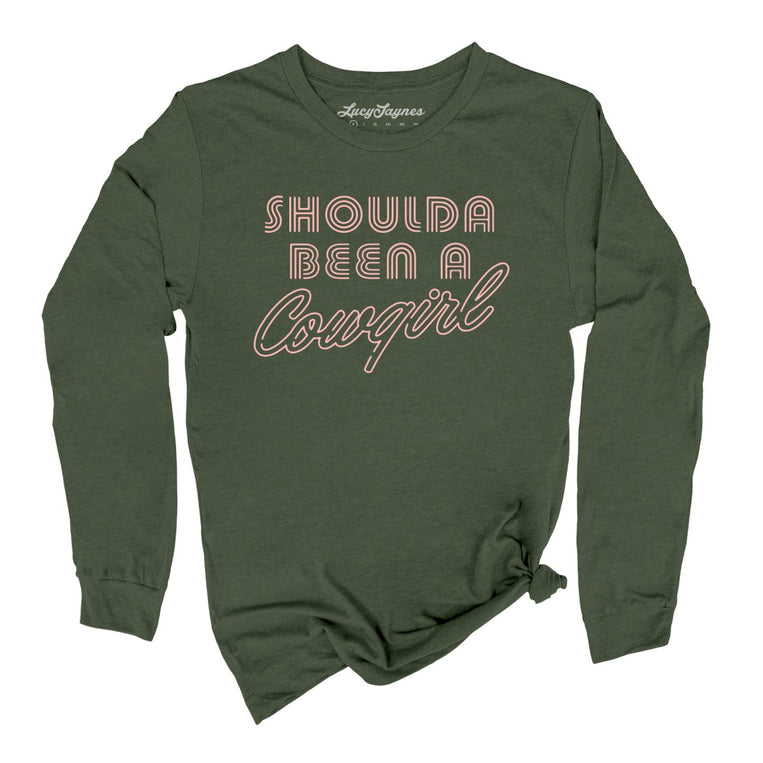 Should of Been a Cowgirl Retro Neon Graphic Long Sleeve Tee - Military Green