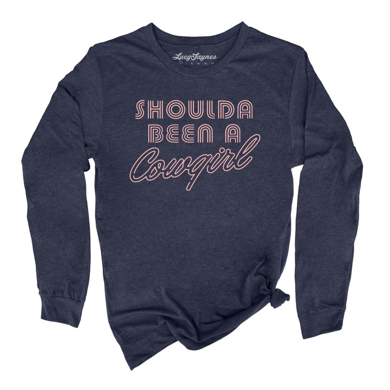 Should of Been a Cowgirl Retro Neon Graphic Long Sleeve Tee - Heather Navy