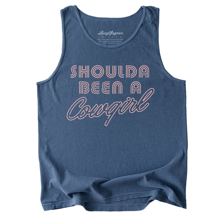 Should of Been a Cowgirl Retro Neon Comfort Colors Graphic Tank Top - Denim