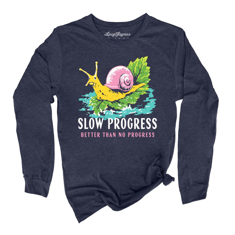 Slow Progress Better Than No Progress Graphic Long Sleeve Tee - Heather Navy