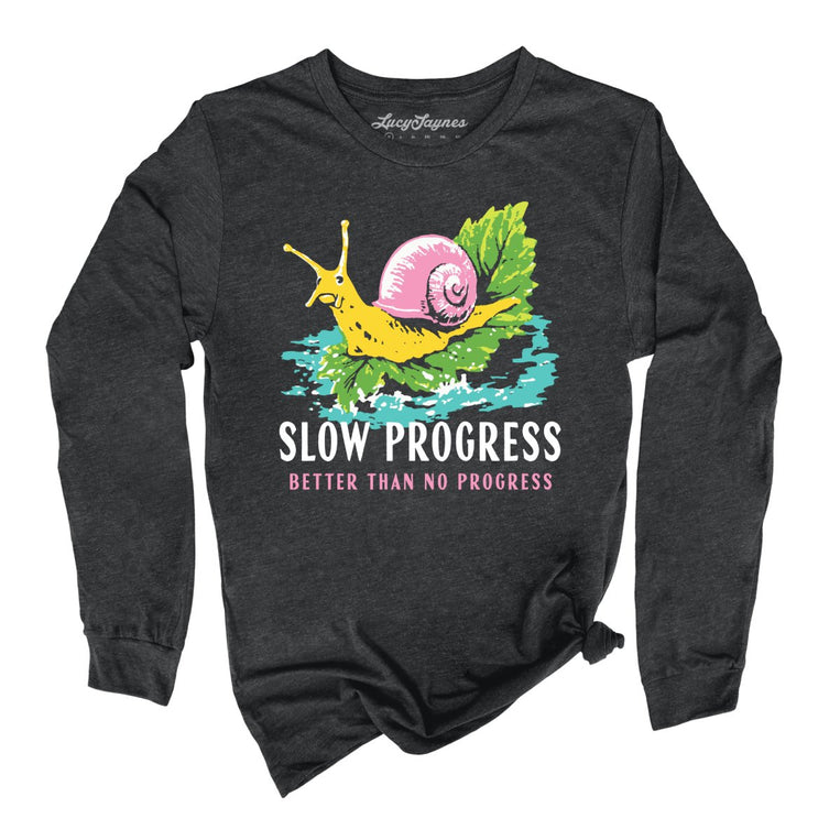 Slow Progress Better Than No Progress Graphic Long Sleeve Tee - Dark Grey Heather