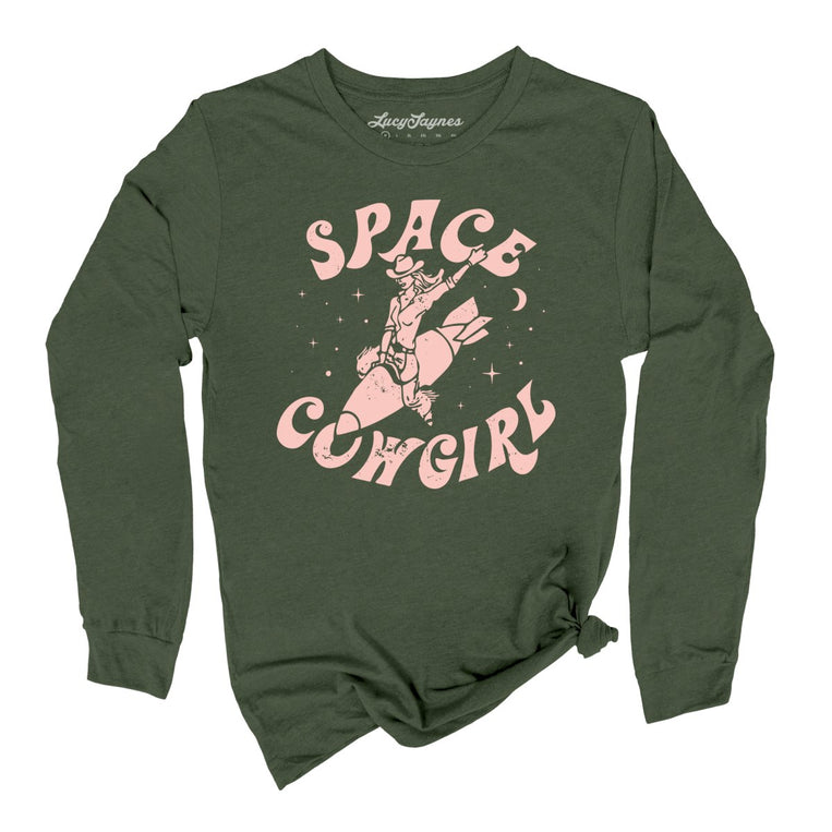 Space Cowgirl Graphic Long Sleeve Tee - Military Green