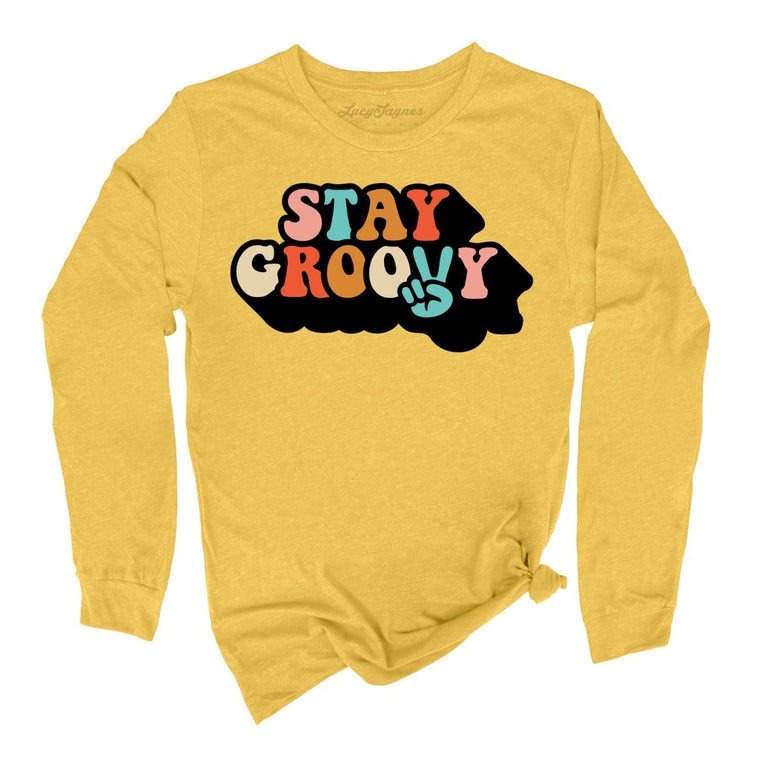 Stay Groovy Graphic Long Sleeve Tee - Heather Yellow Gold