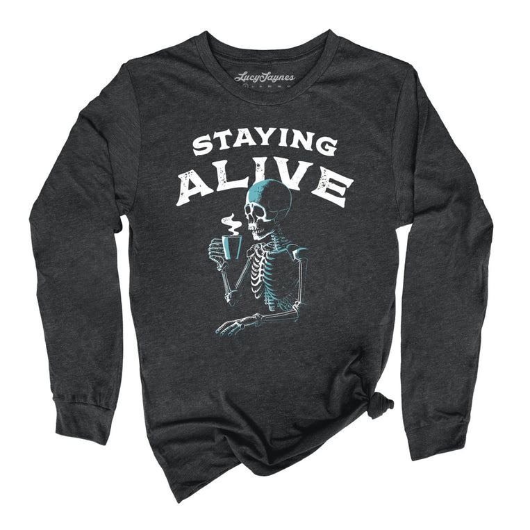 Staying Alive Graphic Long Sleeve Tee - Dark Grey Heather