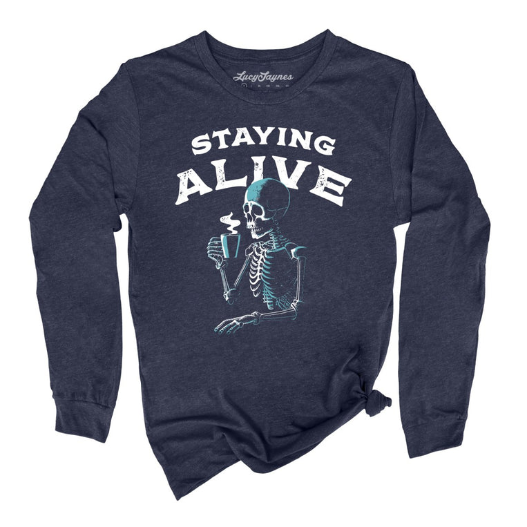 Staying Alive Graphic Long Sleeve Tee - Heather Navy