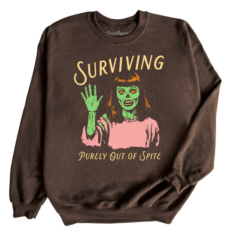 Surviving Purely Out Of Spite Graphic Sweatshirt - Dark Chocolate