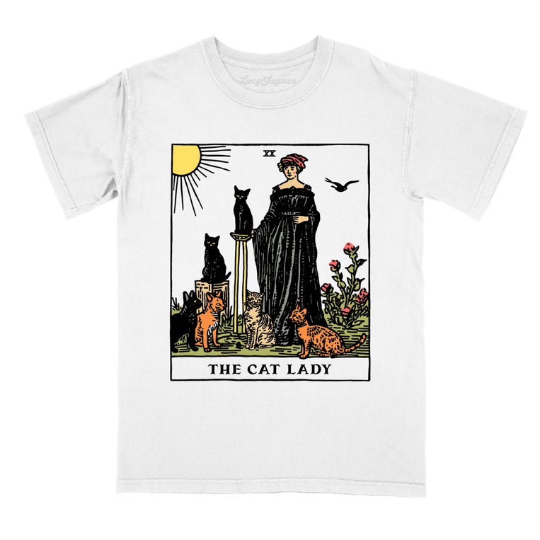 The Cat Lady Tarot Card Comfort Colors Graphic Tee - White