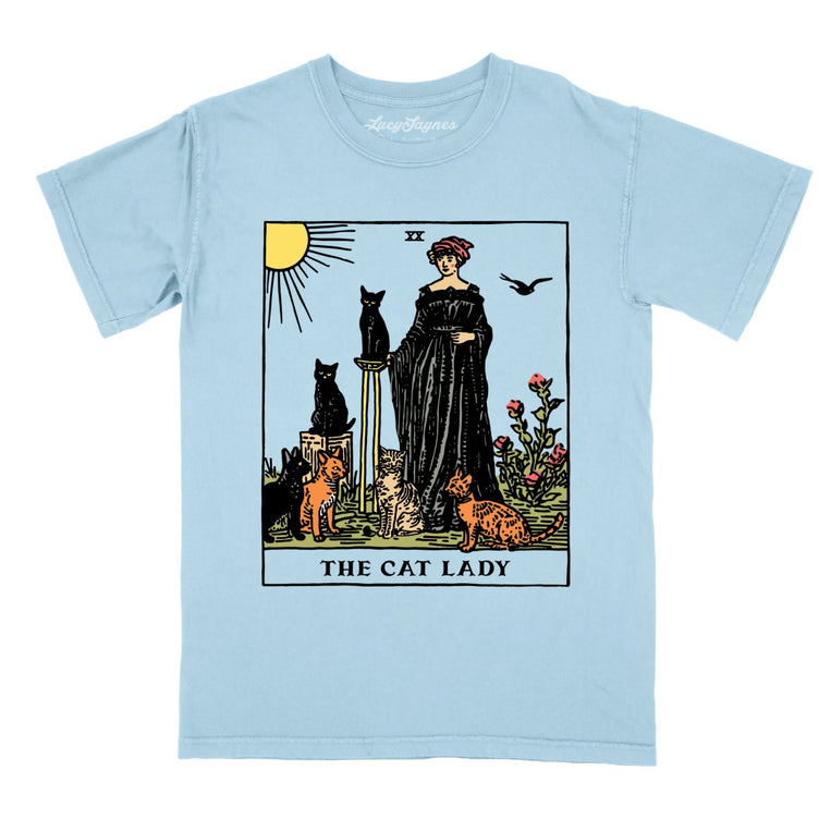 The Cat Lady Tarot Card Comfort Colors Graphic Tee - Chambray