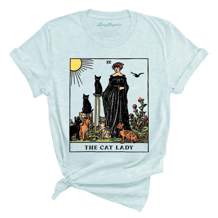 The Cat Lady Tarot Card Graphic Tee - Heather Ice Blue