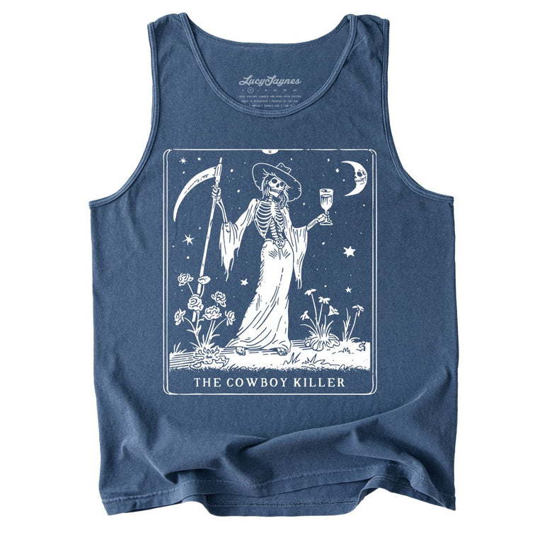 The Cowboy Killer Tarot Card Comfort Colors Graphic Tank Top - Denim
