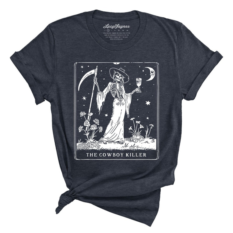 The Cowboy Killer Tarot Card Graphic Tee - Heather Midnight Navy