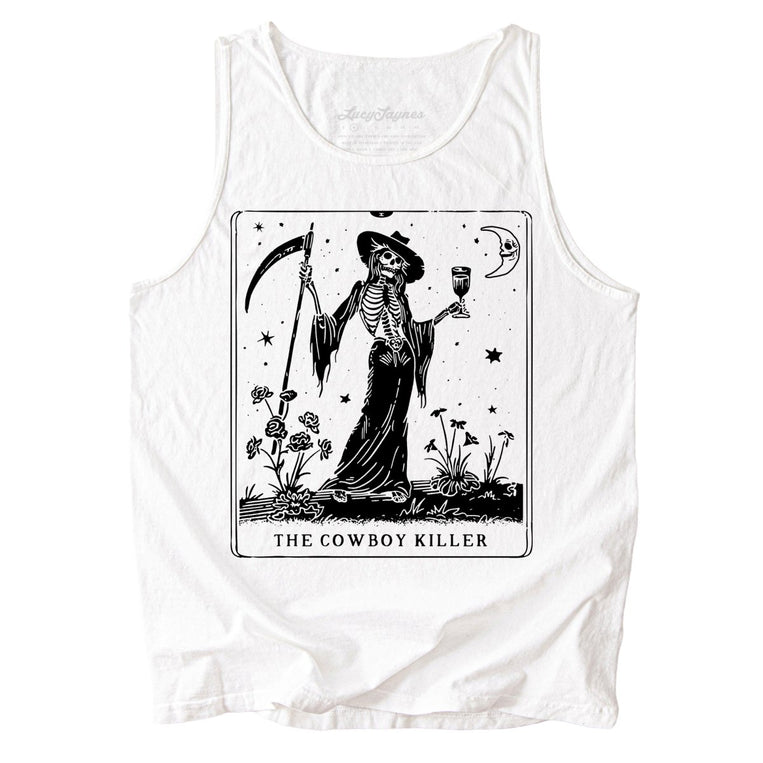 The Cowboy Killer Tarot Card Comfort Colors Graphic Tank Top - White