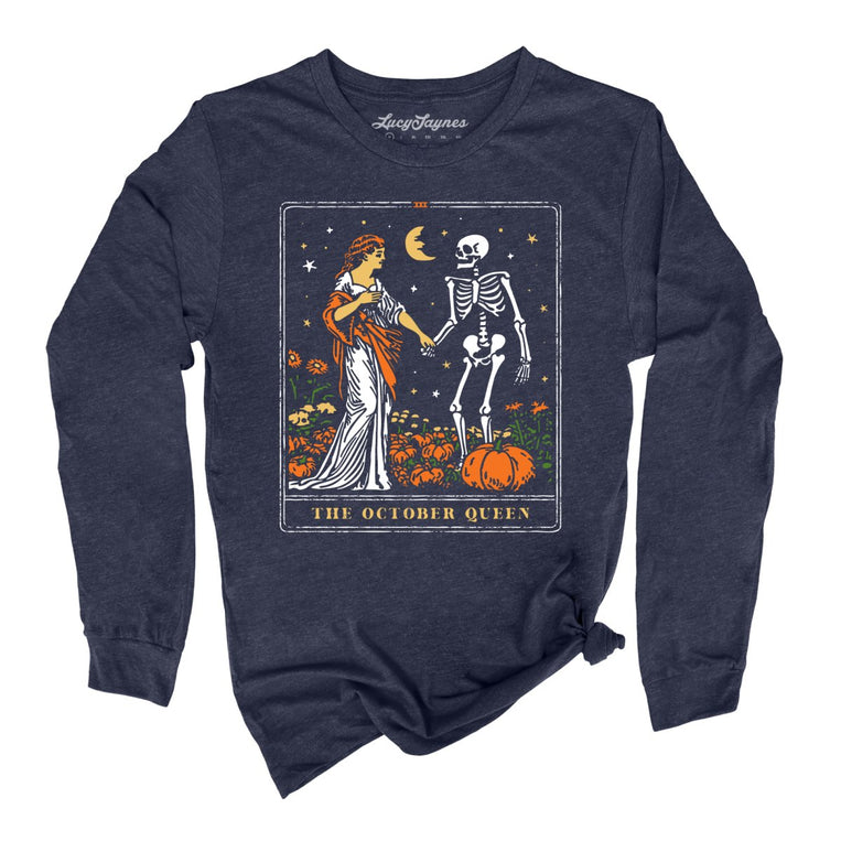 The October Queen Tarot Card Graphic Long Sleeve Tee - Heather Navy