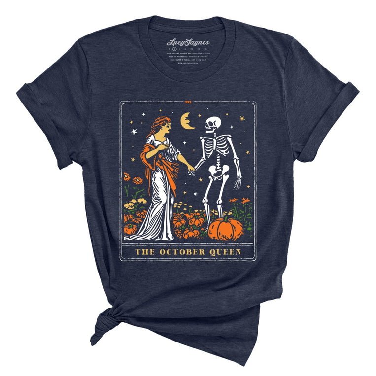 The October Queen Tarot Card Graphic Tee - Heather Midnight Navy