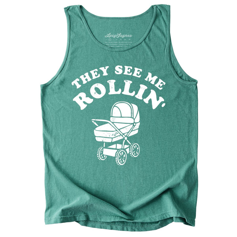 They See Me Rollin' Comfort Colors Graphic Tank Top - Light Green