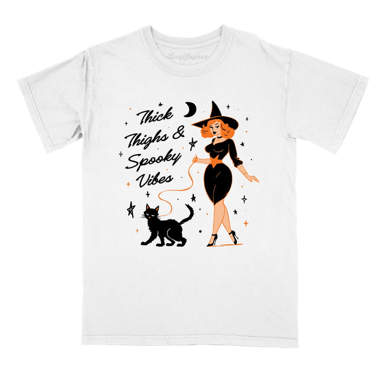 Thick Thighs and Spooky Vibes Comfort Colors Graphic Tee - White