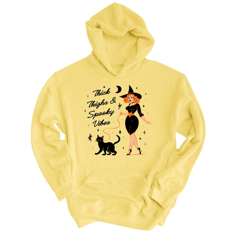 Thick Thighs and Spooky Vibes Graphic Hoodie - Light Yellow