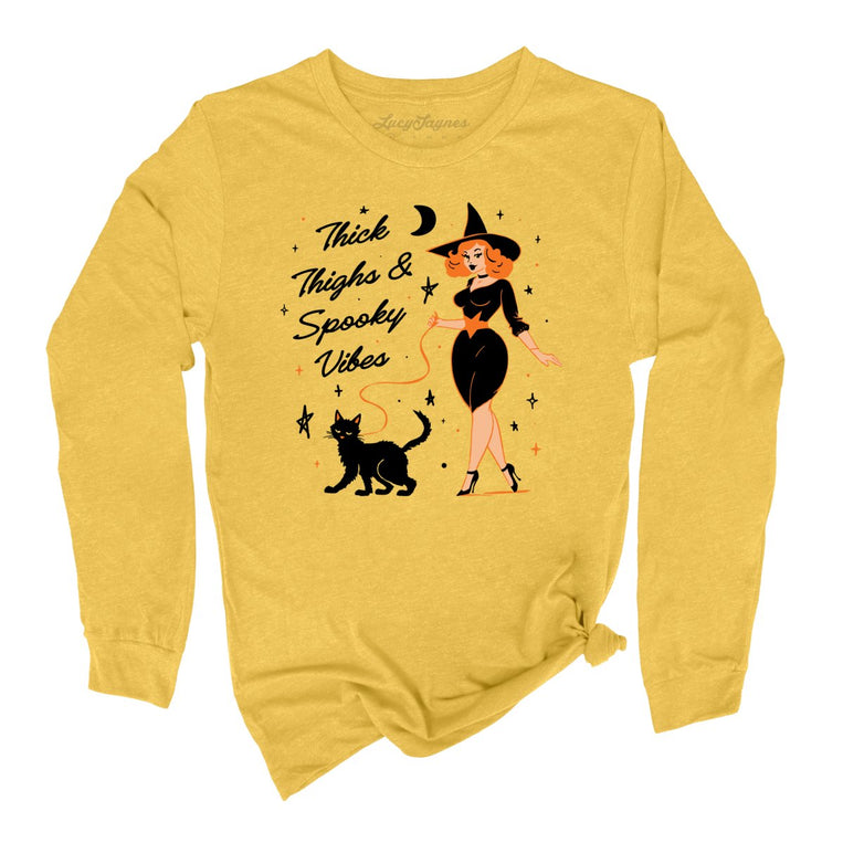 Thick Thighs and Spooky Vibes Graphic Long Sleeve Tee - Heather Yellow Gold