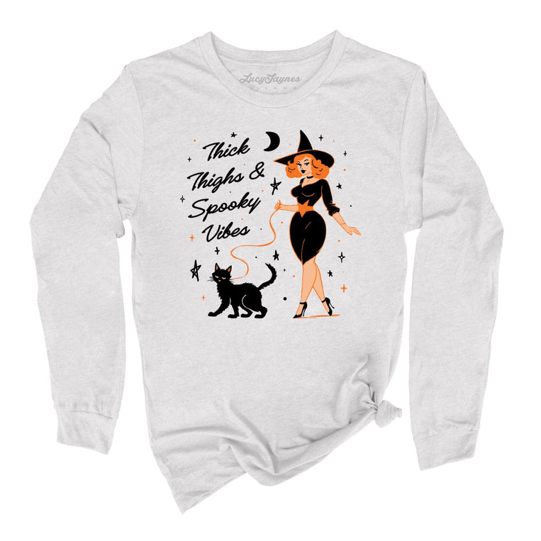 Thick Thighs and Spooky Vibes Graphic Long Sleeve Tee - Ash