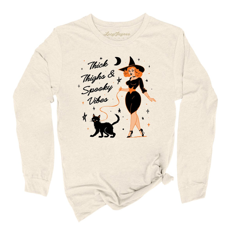 Thick Thighs and Spooky Vibes Graphic Long Sleeve Tee - Natural