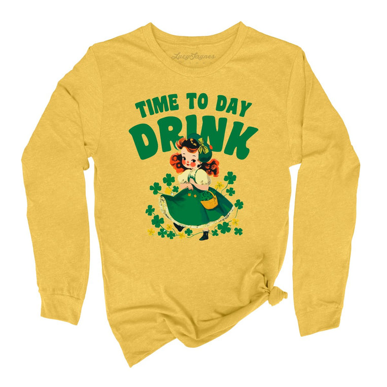 Time To Day Drink Graphic Long Sleeve Tee - Heather Yellow Gold